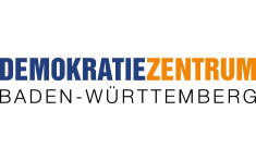 Logo des Demokratie Zentrums Baden Württemberg. Die Grundfarben sind dunkelblau und orange.