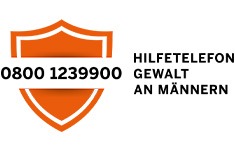 Logo des Hilfetelefons "Gewalt an Männern". Auf der rechten Seite befindet sich das Logo mit der Grundfarbe orange darauf. Das Logo trägt die Telefonnummer der Organisation auf dessen Logo.