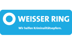 Logo der Organisation "Weisser Ring" mit dessen Slogan "Wir helfen Kriminalitätsopfern". Die Grundfarben sind blau und weiß.